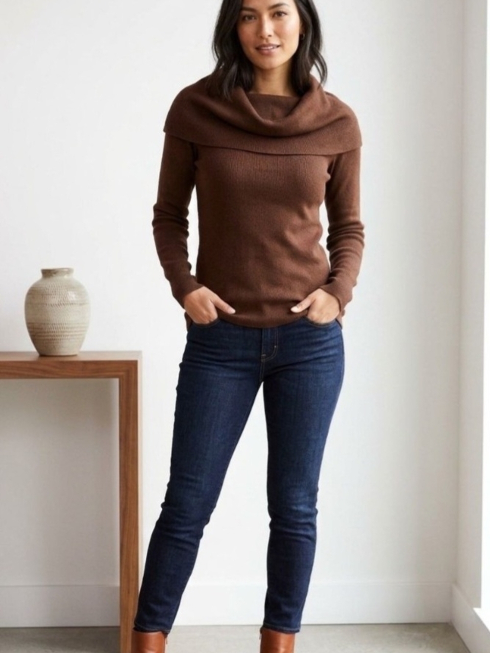 French Connection Brown Off-the-Shoulder Foldover Collar Sweater. Size L